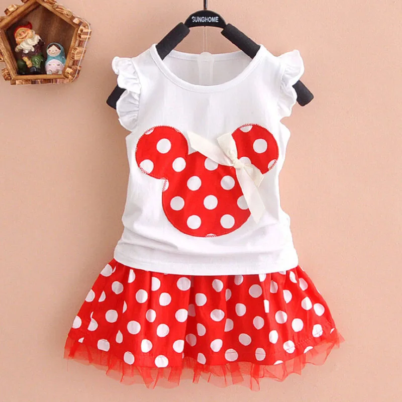 

JENYA 2017 Summer New Girls Clothing Set Cartoon Minnie Print Short Sleeve T-shirt+Polka Dot Skirt Twinset Bow Princess Set