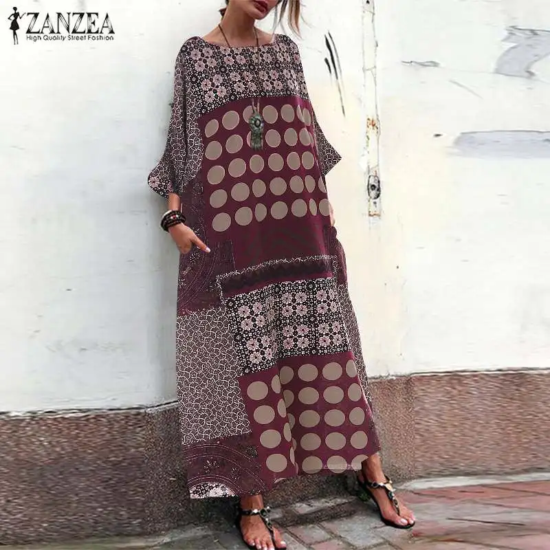 ZANZEA 2019 الصيف المرأة خمر نمط المطبوعة فستان طويل ماكسي Vestidos فستان الشمس رداء فام البوهيمي القطن فستان من الكتان المعتاد