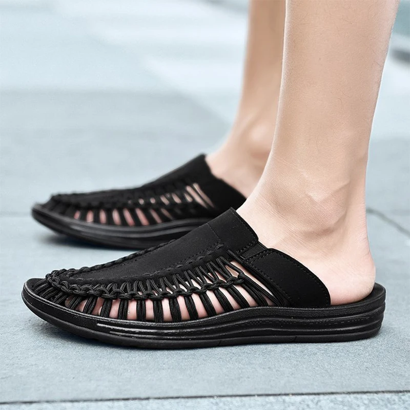 

2018 New Men's Genuine Leather Slides Summer Beach Flip Flops Soft Weave Men Handmade Slippers Black Gray Outdoor Man Flat Shoes