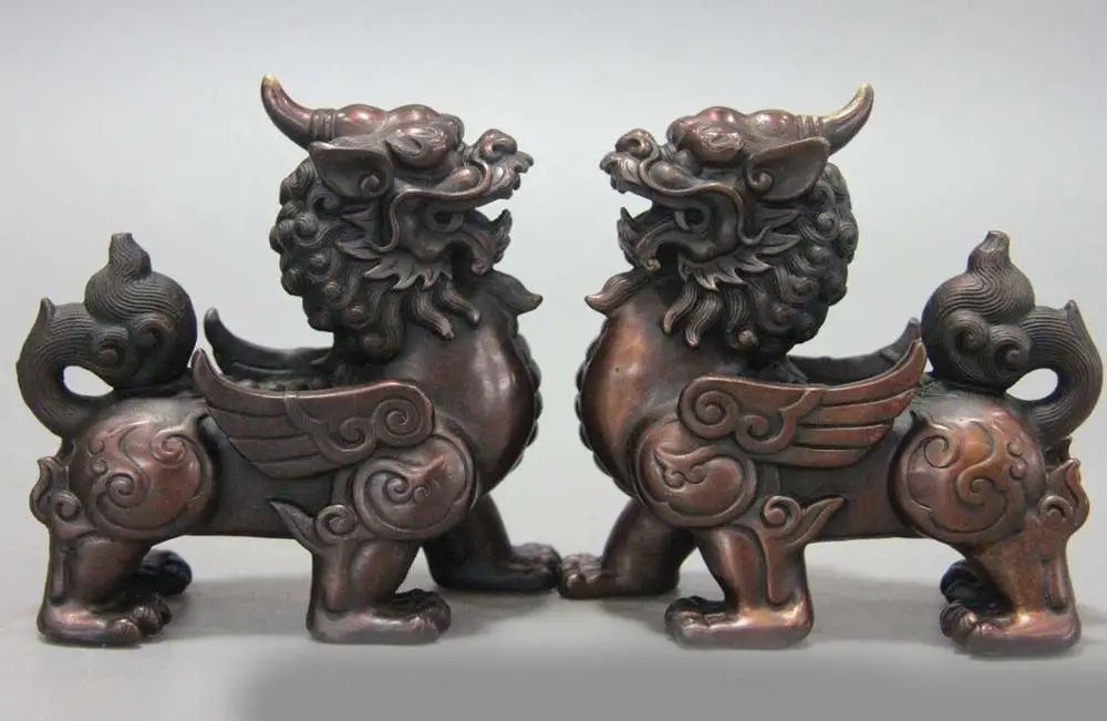 

5 Chinese Bronze Copper Fengshui Wealth Brave troops Unicorn Foo Dog Lion Statue SD 506