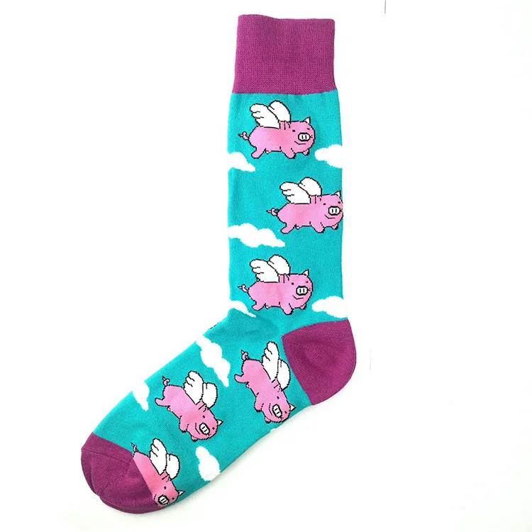 PEONFLY, мужские носки из чесаного хлопка, Harajuku, цветные Веселые Носки с рисунком акулы, вишни, велосипеда, хлопковые носки для мужчин - Цвет: Flying Pig