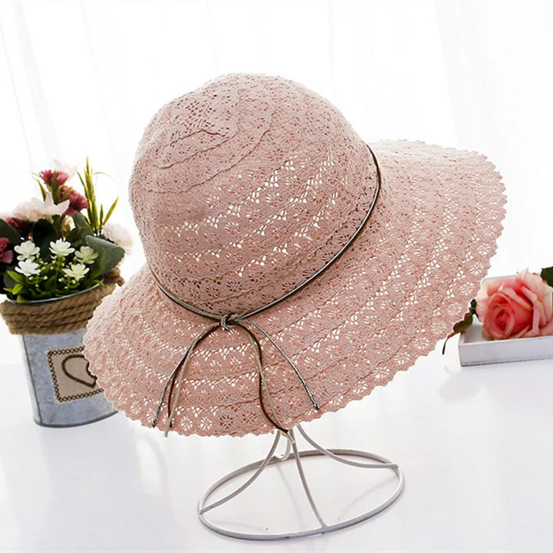 Women Lace Hollow Straw Cap Large Brim Foldable Hat Summer Ladies Elegant Travel Caps Female Fisherman Sun Hats CP0200 (5)