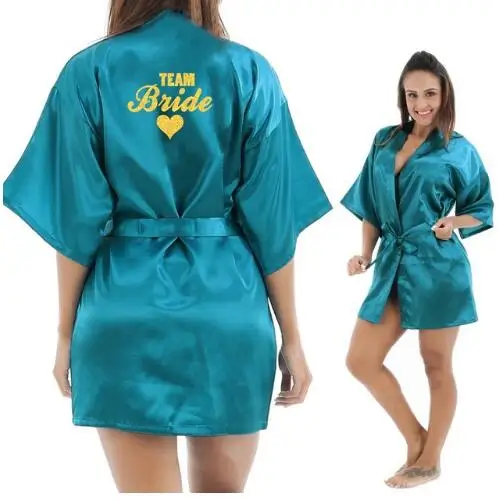 Kimono Robe Faux Silk Women Wedding Preparewear Bride Team Heart Golden Glitter Print Robes Bachelorette Pajamas