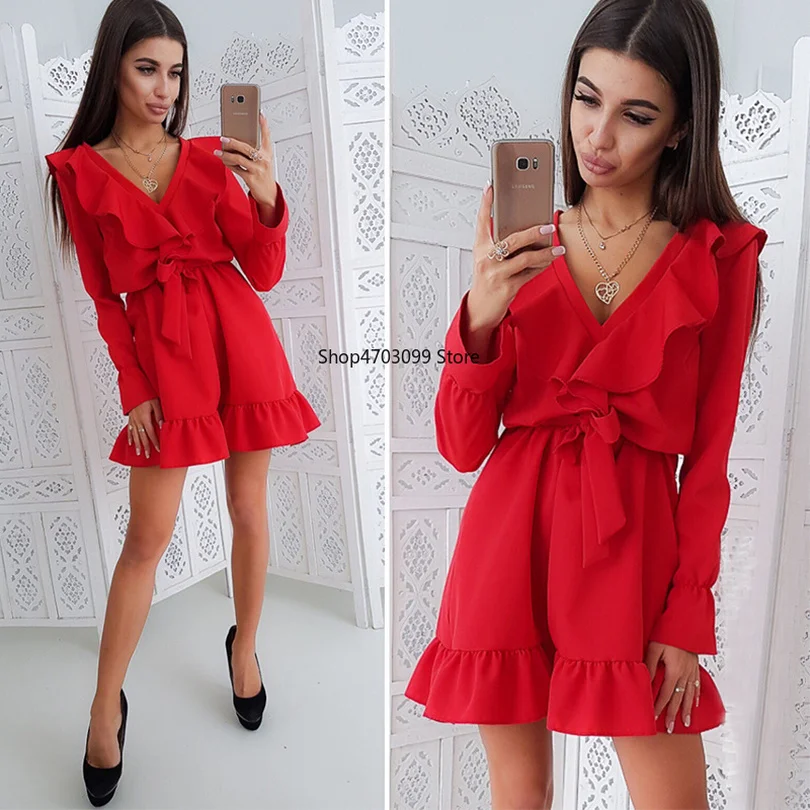 

Women Vintage V-Neck Ruffles Dress 2019 Solid A-Line Women Casual Dresses Long Sleeve Autumn Mini Dress