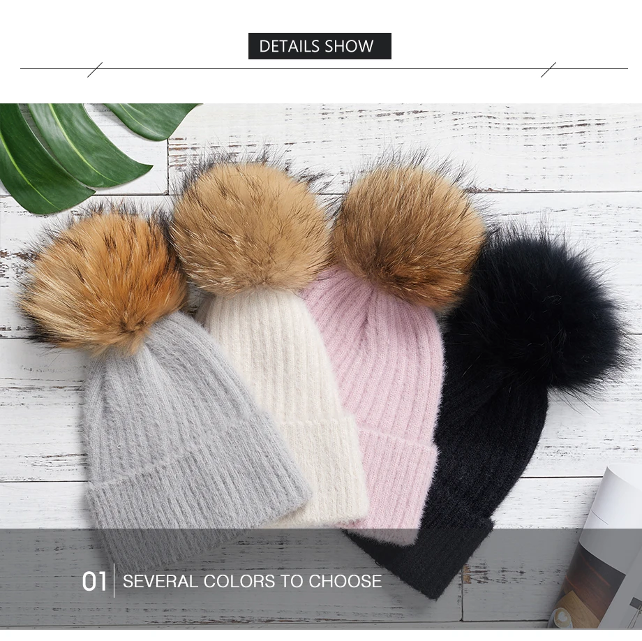 Woman Winter Hat Imitation Mink Fur Slouchy Beanie Thick Warm Turban Femme Straight Crochet Wool Hat Fur Pompom Skullies Beanies (17)