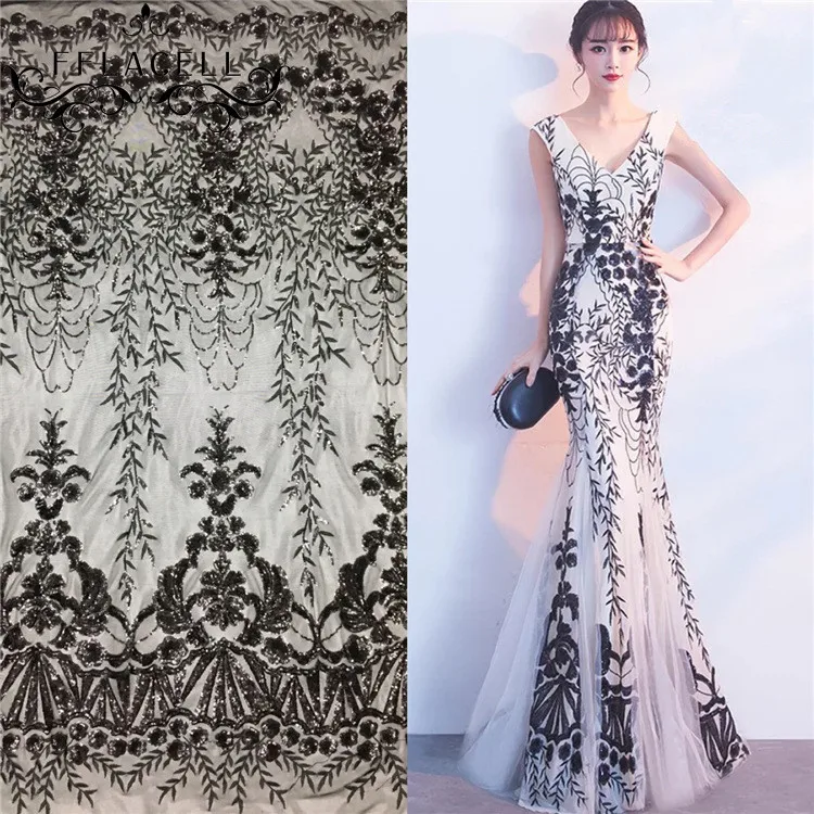 

FFLACELL 1yard New african lace fabrics french net with sequins embroidery nigerian lace fabrics wholesale for wedding party