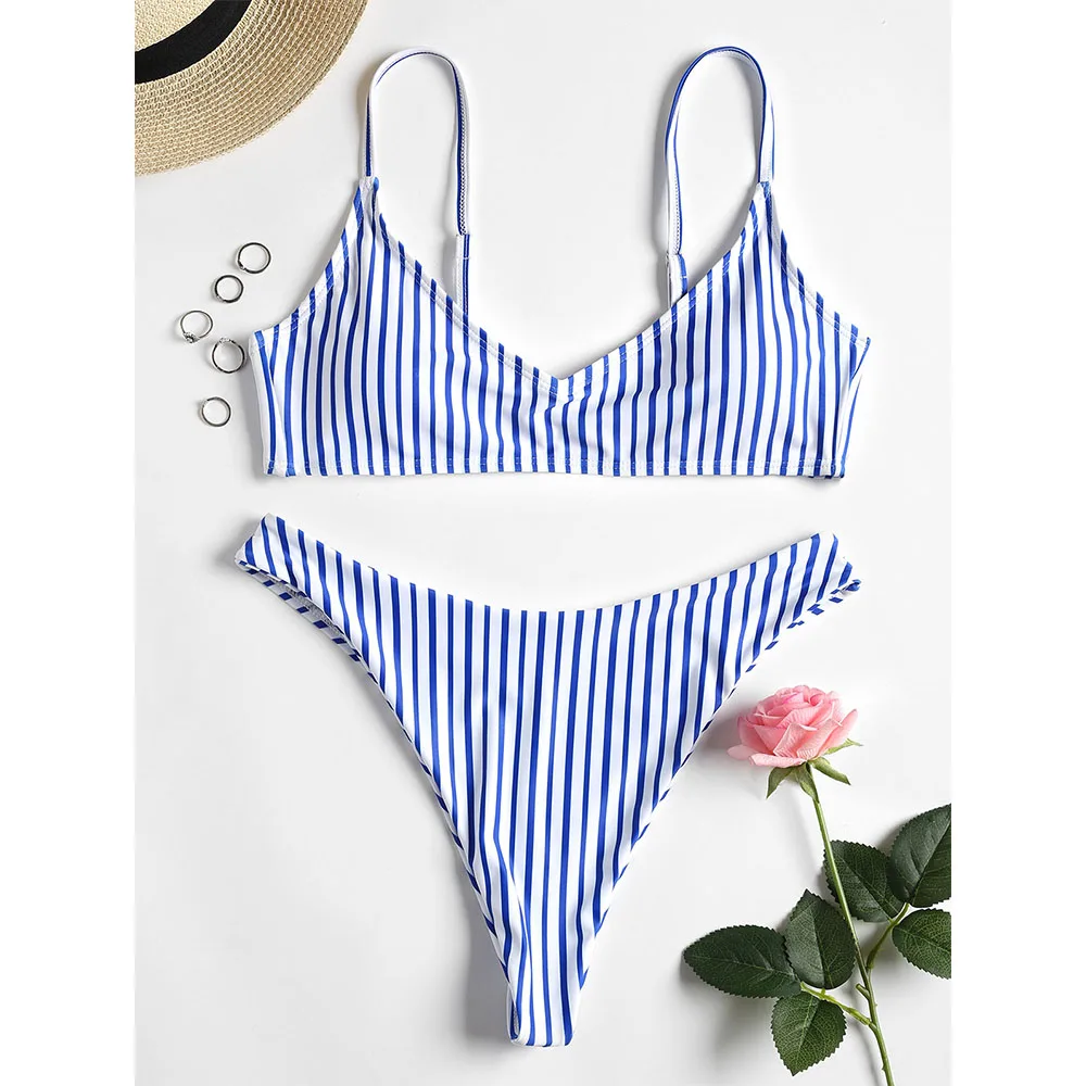 Zaful Cami Striped Bikini Set Padded Thong Bathing Suit Spaghetti