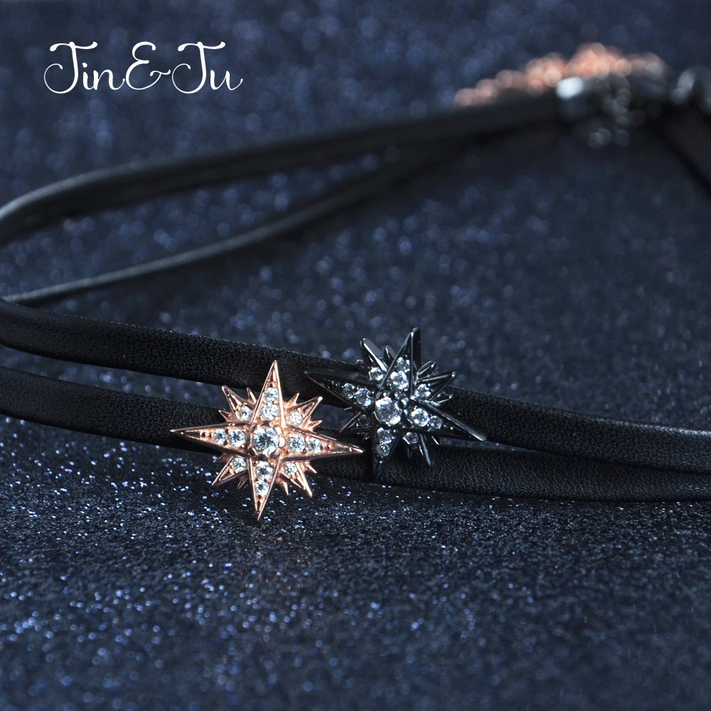 

Jin&Ju Jewelry 925 Sterling Silver Women 30CM+5CM Jewelry Star Design Two Color Leather Chokers Necklaces For Girl Gifts