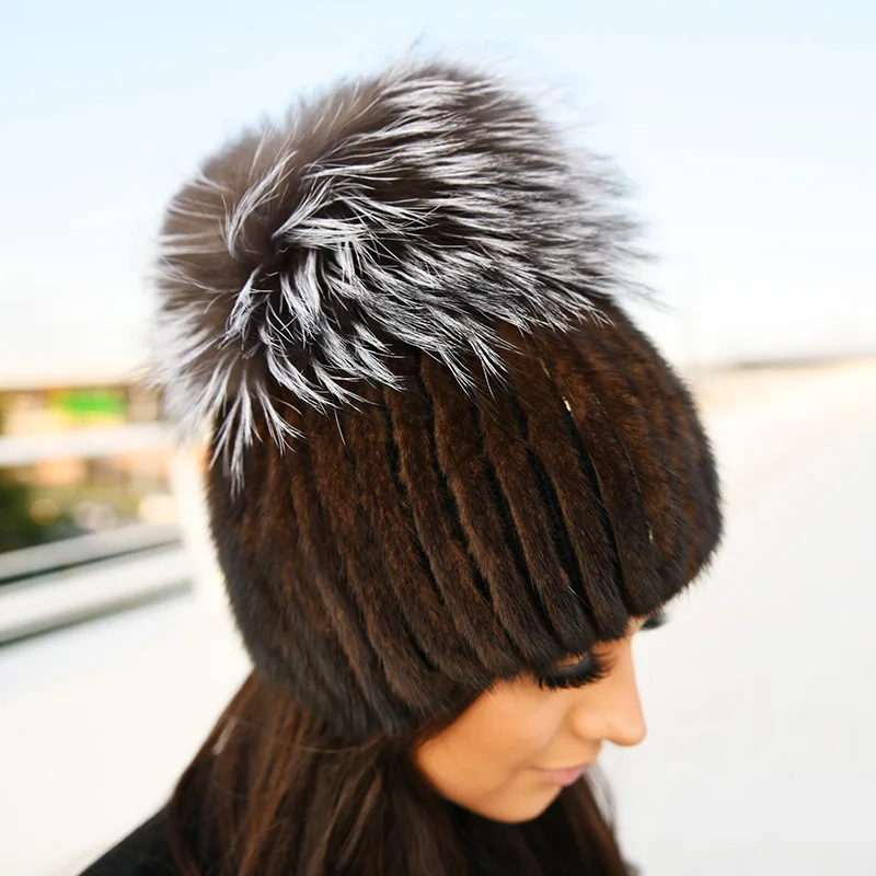 

CX-C-16B Factory Wholesale Price Fashion Ladies Big Fox Pom Pom Knitted Mink Fur Hat