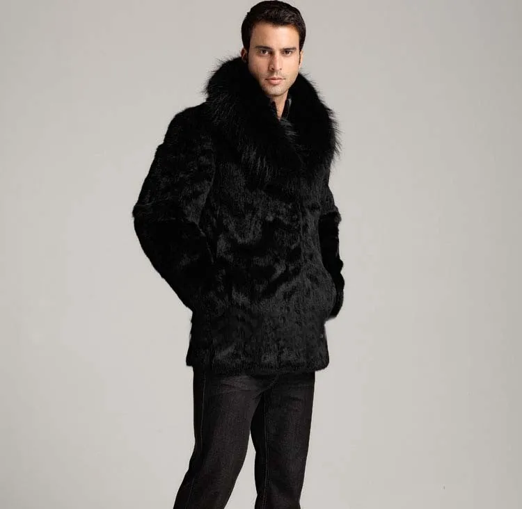 Лучшие продажи! Зимняя мужская куртка из искусственного меха. Теплые и комфортные куртки свободного покроя из черного кроличьего меха. Куртки с воротниками из длинного лисьего меха