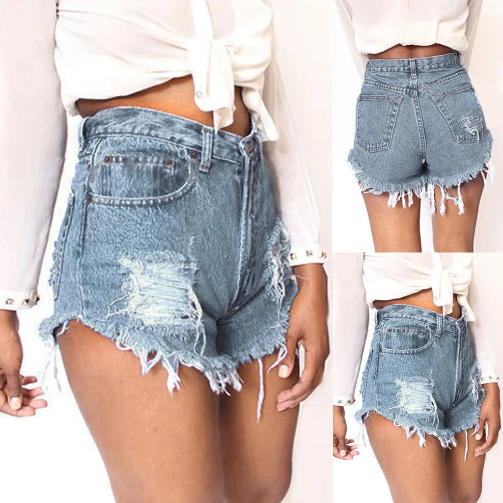 

Fashion Womens Pocket Hole Jeans Denim Female High Waist Slim Sexy Shorts S-3XL