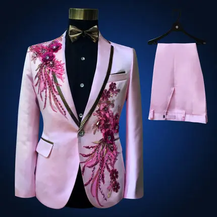 Настоящие мужские светло-розовый/белый Вышивка бисером смокинг костюм/События/Студия/петь/для выступления /куртка с Штаны