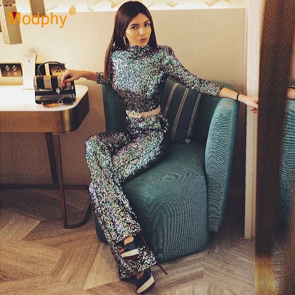 

2018 Winter Celebrity Party Women's Two-piece Set Jumpsuit Long Sleeve Sequined Jumpsuit Nightclub Celebrity Party Long Jumpsuit