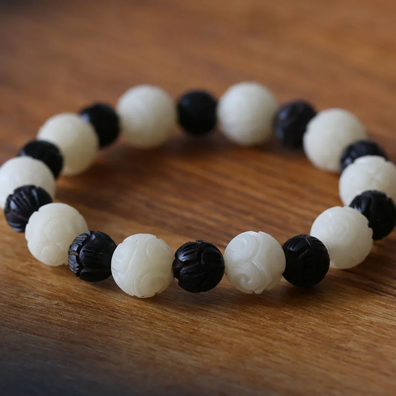 White-Bodhi-Seed-Carved-Lucky-Cloud-&-Black-Wood-Lotus--Prayer-Beads-Stretch-Bracelet-Unique-Handmade-Artisan-Gift-Reikinn-BSL003(3)