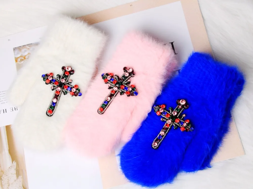 Женские зимние перчатки с разноцветным алмазным крестом для девочек с кроличьим мехом теплые мягкие женские варежки Guantes Mujer
