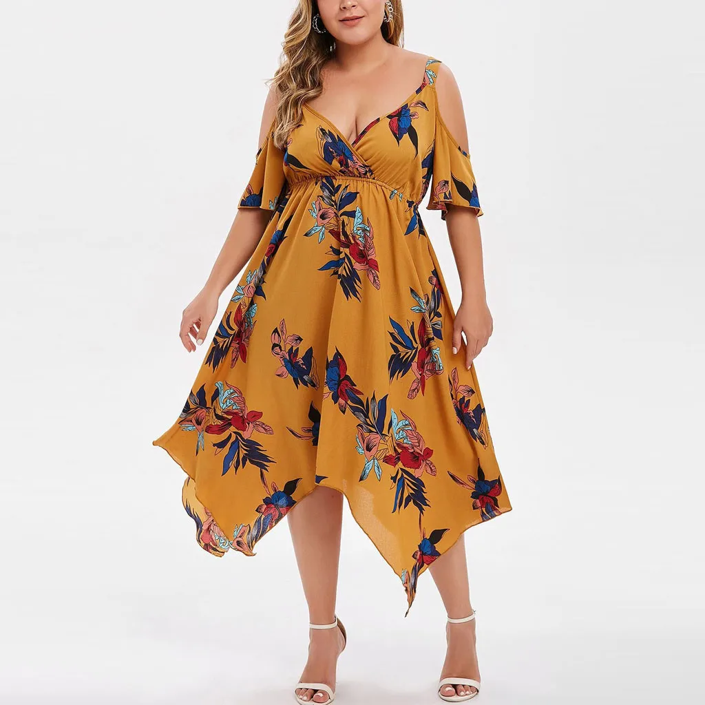 

5XL Women Long Dress Irregular Hem Cold Shoulder Boho Flower Print Dresses Summer Sexy Plus Size Dress Vestido
