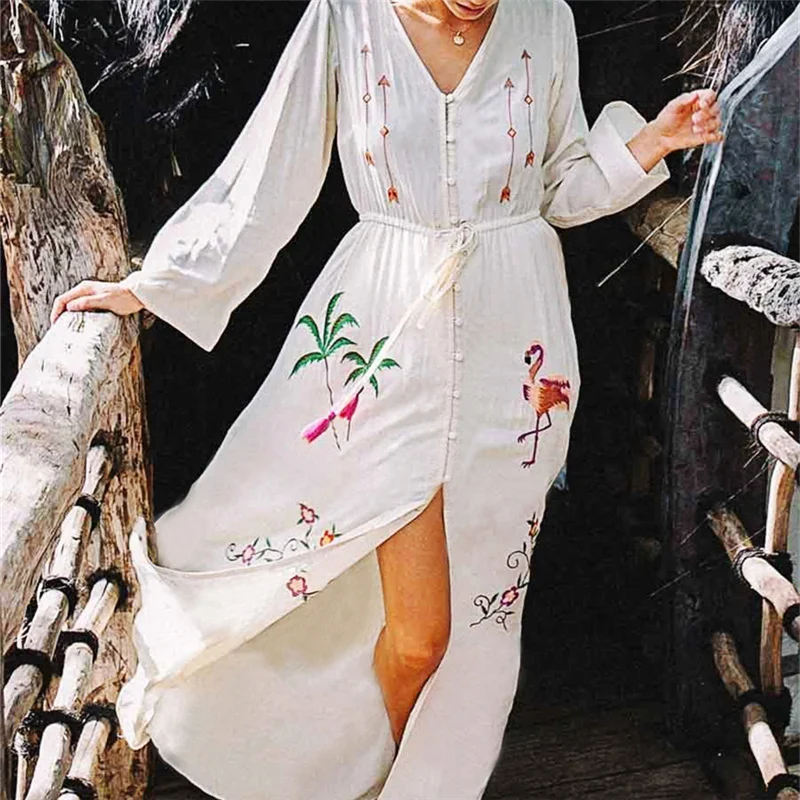 Элегантный тропический вышивка кнопка спереди открытые Длинные рукава хлопок пляжное платье Туника Женская Летняя мода Купальники Cover up N640