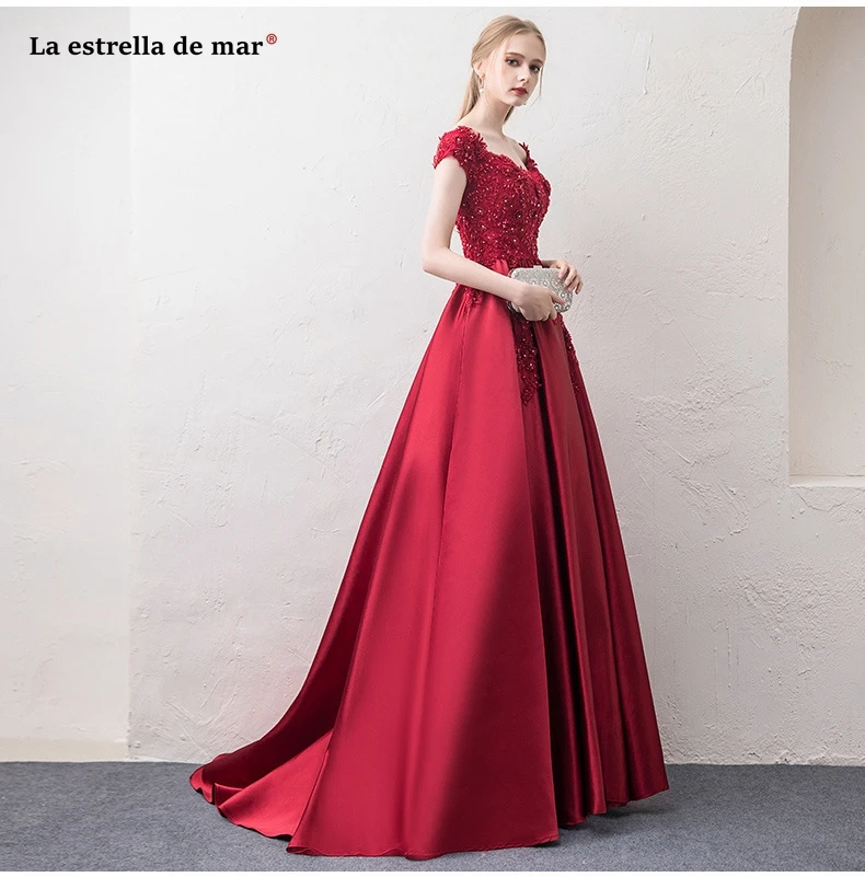 La estrella de mar vestido madrinha 2019 кружево бисером атласная лодка средства ухода за кожей шеи короткий рукав линии платье подружки невесты в