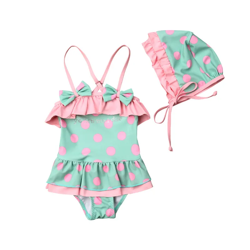 

Toddler Kid Girl Dot Printed Swimwear Summer Cap Ruffles Bowknot Swimsuit Tankini Children Sleeveless Backless Bathing Suit 1-6Y