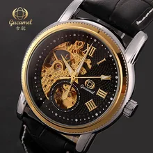 2016 Luxury Brand Gucamel Автоматические Механические Часы Мужчины Водонепроницаемый Световой Tourbillon Часы Календарь Кожа Золото Наручные Часы