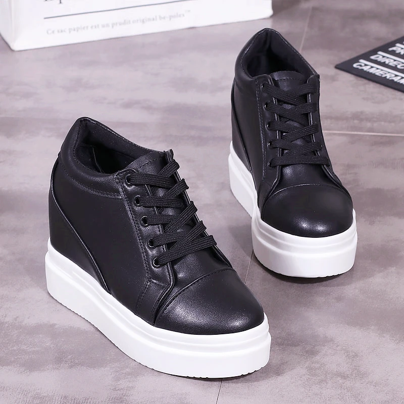 10cm Increase Flat Platform Shoes Female Thick Sole Students Casual Shoes Woman Flats Lace Up Solid White Black Women Shoes