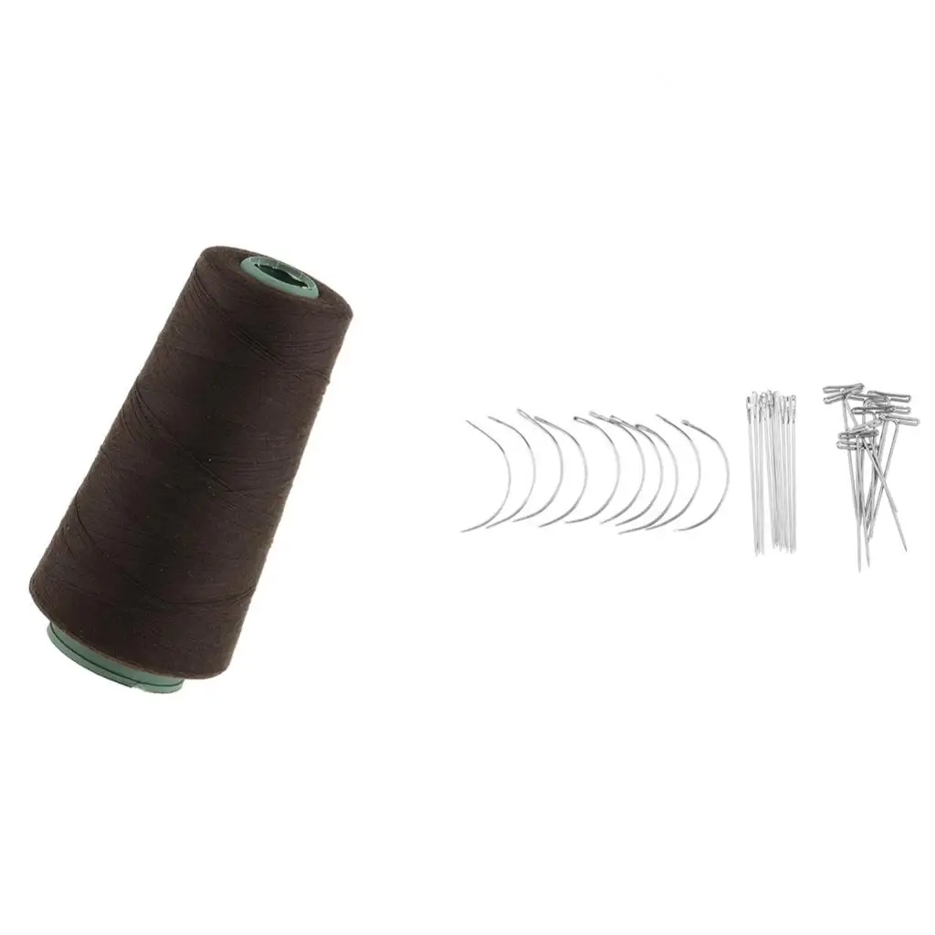 30 Pieces C+J+I Shaped Wig Needles Pins Dark Brown Thread for Wig Making Hair Extension Handcraft Sewing Weaving