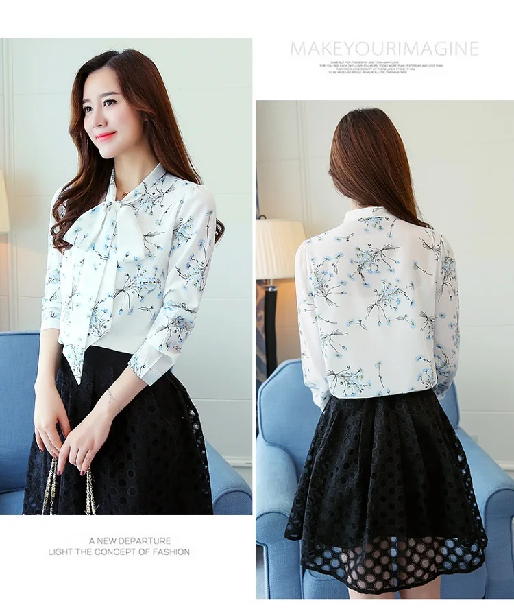 Fashion Spring Autumn Print Bow Collar Womens  Long Sleeve Office Lady Tops Elegant Chiffon Blusas Shirts Slim Casual Blouses