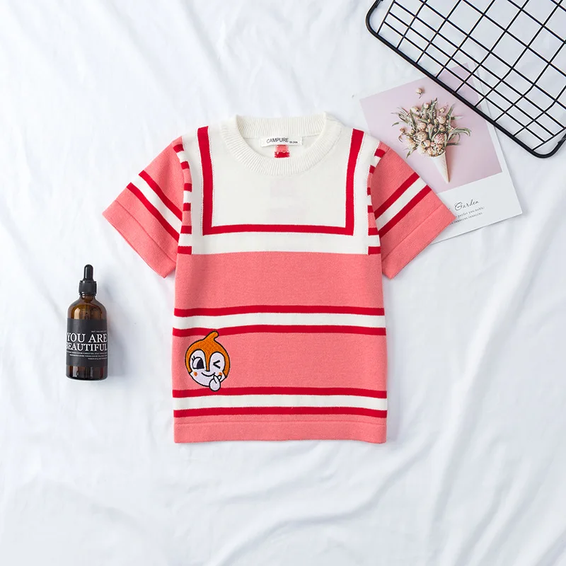 

Toddler Baby Girls Clothes Round Neck Short Sleeve Cotton Sweater Striped Knitted Pullover Kids Newborn Tops One Pieces