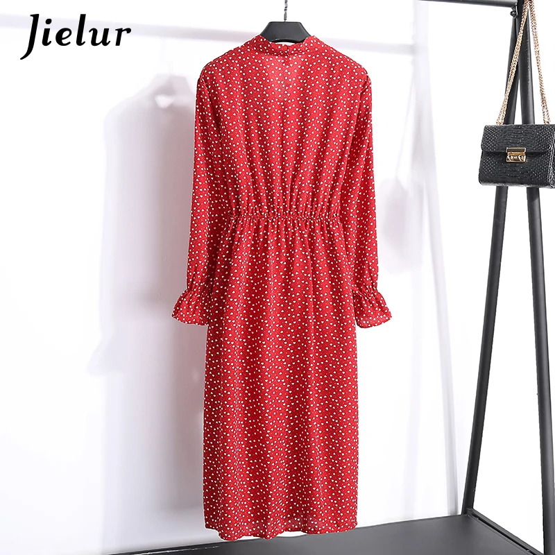 Jielur Long Sleeve Dress Women Spring Autumn Floral Print Chiffon Vestidos Mujer 2018 Vintage Bowtie Ruffles White Dress Elegant