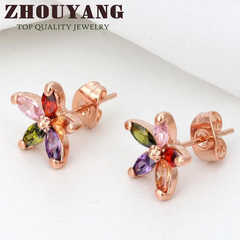 ZHOUYANG ZYE007 разноцветные зимние серьги гвоздики цвета розового золота с