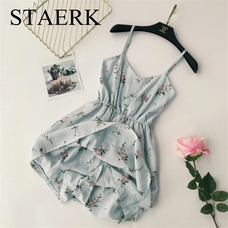 

STAERK breeze small and fresh printing V collar elastic waist waist sling pants, fake two dress A character skirt female