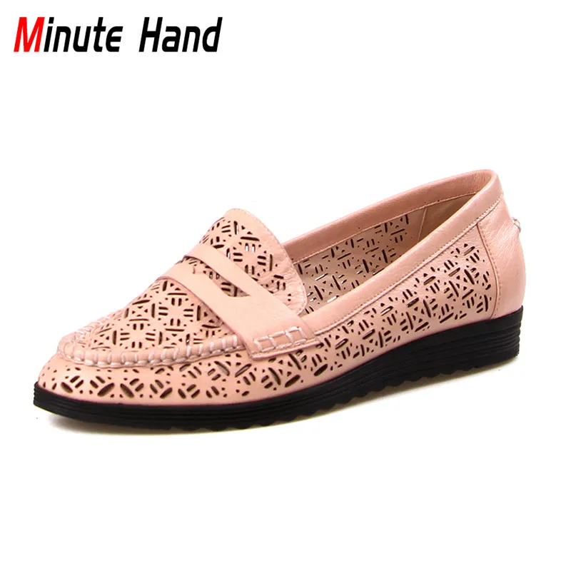 

Minute Hand New Fashion Genuine Leather Hollow Out Loafers For Women Breathable Round Toe Slip On Flats Soft Shoes Spring Summer