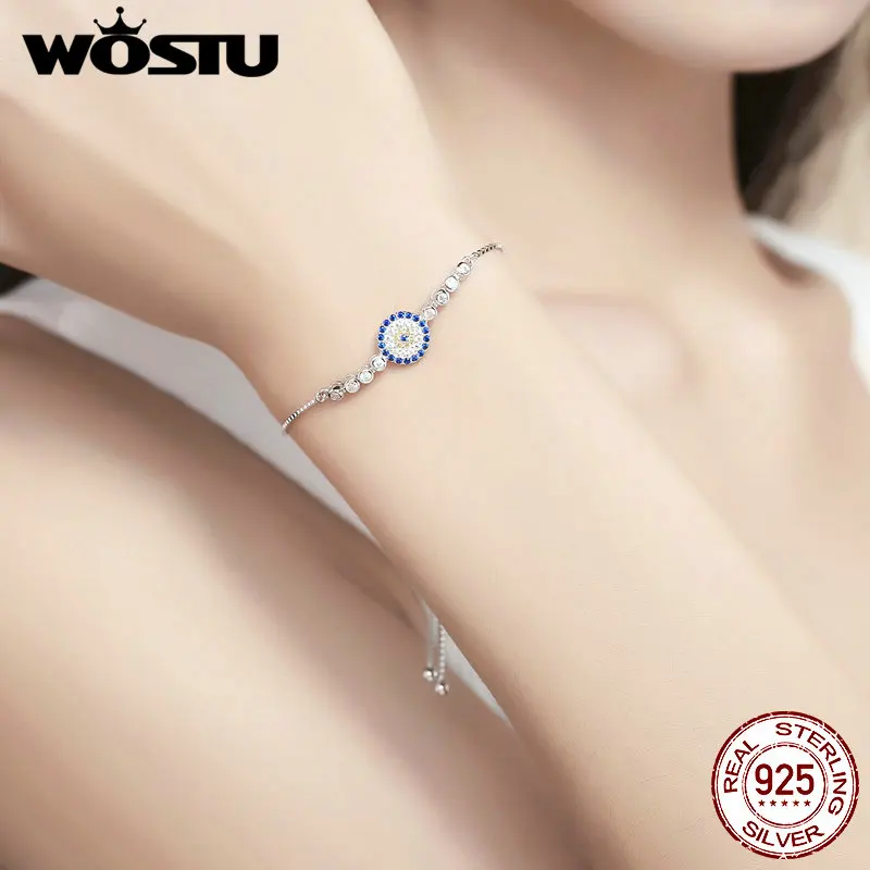 Марка wostu Настоящее серебро 925 проба Винтаж Синий цирконовый камень звено цепи браслет для женщин ювелирные изделия подарок BKB006