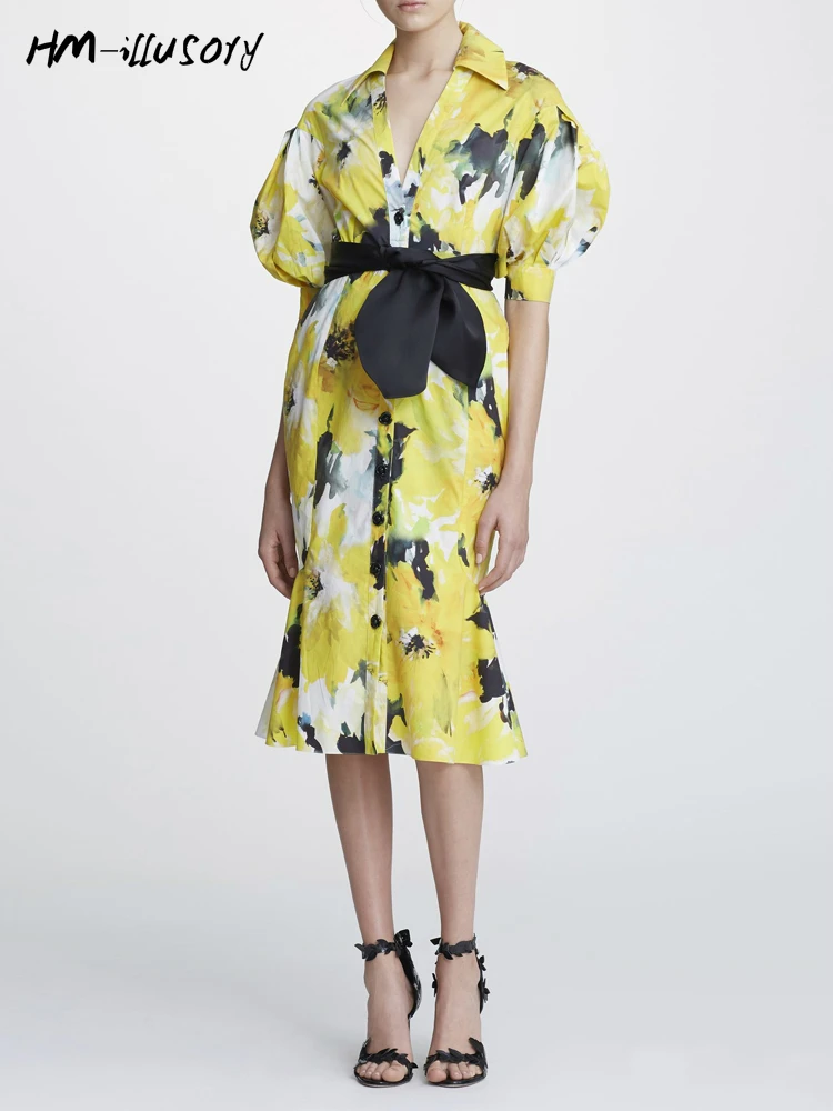 

Summer dress 2019 new vestido V-collar printing short-sleeved Princess bubble-sleeved dress women's fashion temperament dress