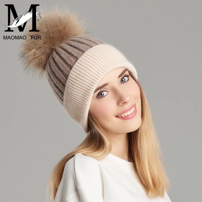Goedkoop Vrouwen Echt Bont Pom Pom Hoed Vrouwelijke Winter Wol Herfst Gebreide Mutsen Bont Bal Cap Dames Kasjmier Natuurlijke Wasbeer Bont pompom Hoed