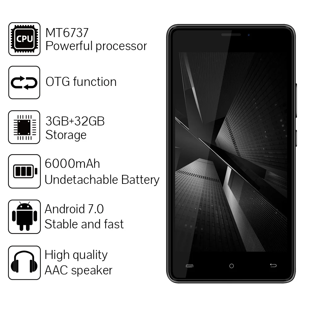 Cubot H3 6000mAh Big Battery OTG 5.0 Inch HD Android 7.0 MT6737 Quad Core 3GB+32GB Smartphone Rear Dual Camera 4G LTE Finger ID|Смартфоны| |