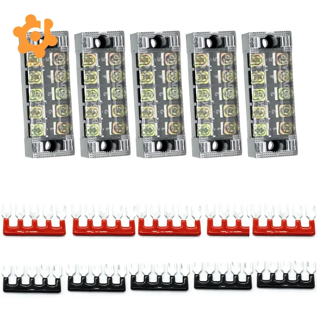 5 Pieces 600V 15A 5 Positions Barrier Strips Dual Row Screw Terminal Blocks