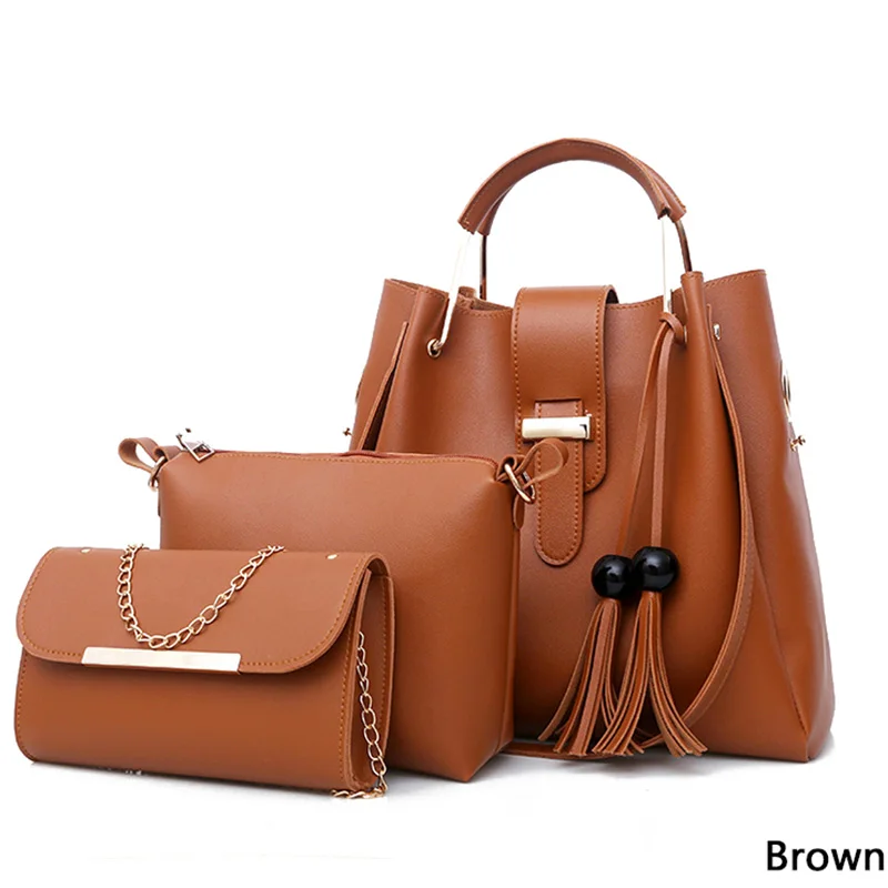 3 шт./компл. женские сумочки кожаные сумки Женский Большой Ёмкость сумка в стиле casual с кисточками сумки-мешки и Сумки - Цвет: Brown