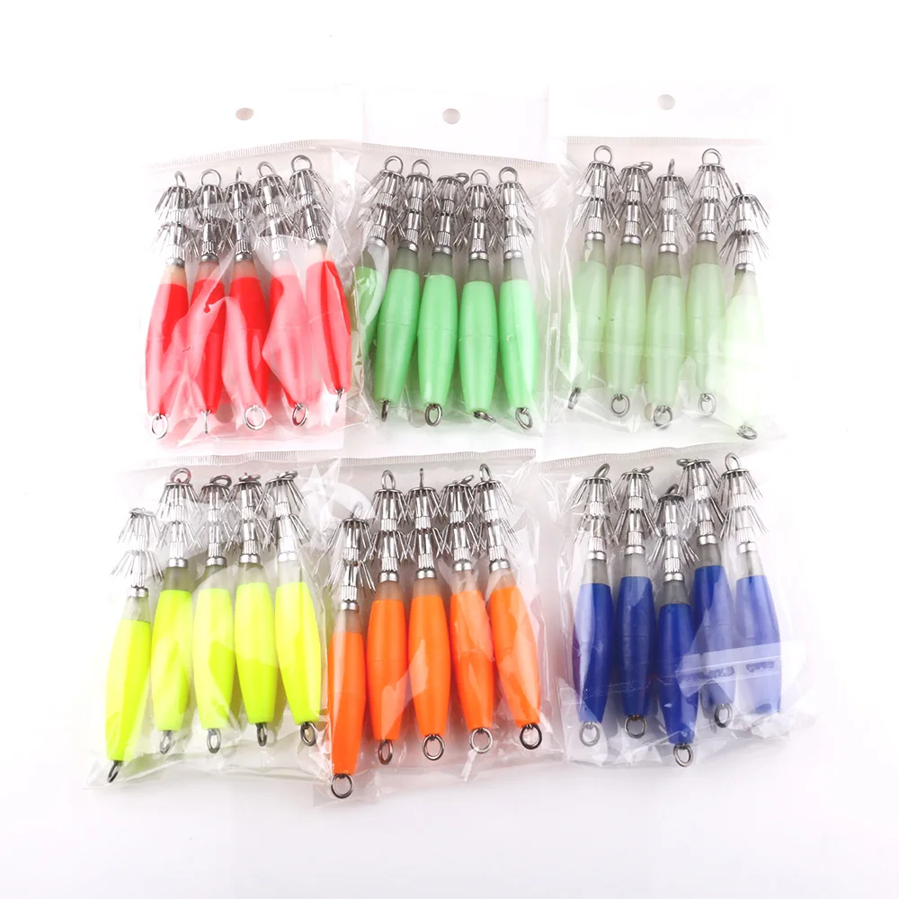

HENGJIA 5Pcs/lot Luminous Lifelike Simulation Fishing Tackle 10cm 15.5g Squid Jig Lures Squid Hooks Wood Shrimp
