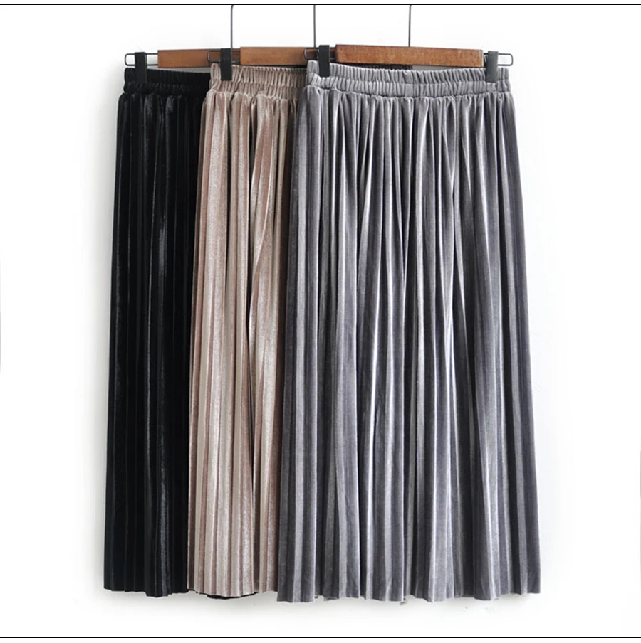 Повседневная плиссированная длинная юбка макси Новая женская юбка до середины икры пляжная черная металлическая винтажная юбка средней длины с завышенной талией