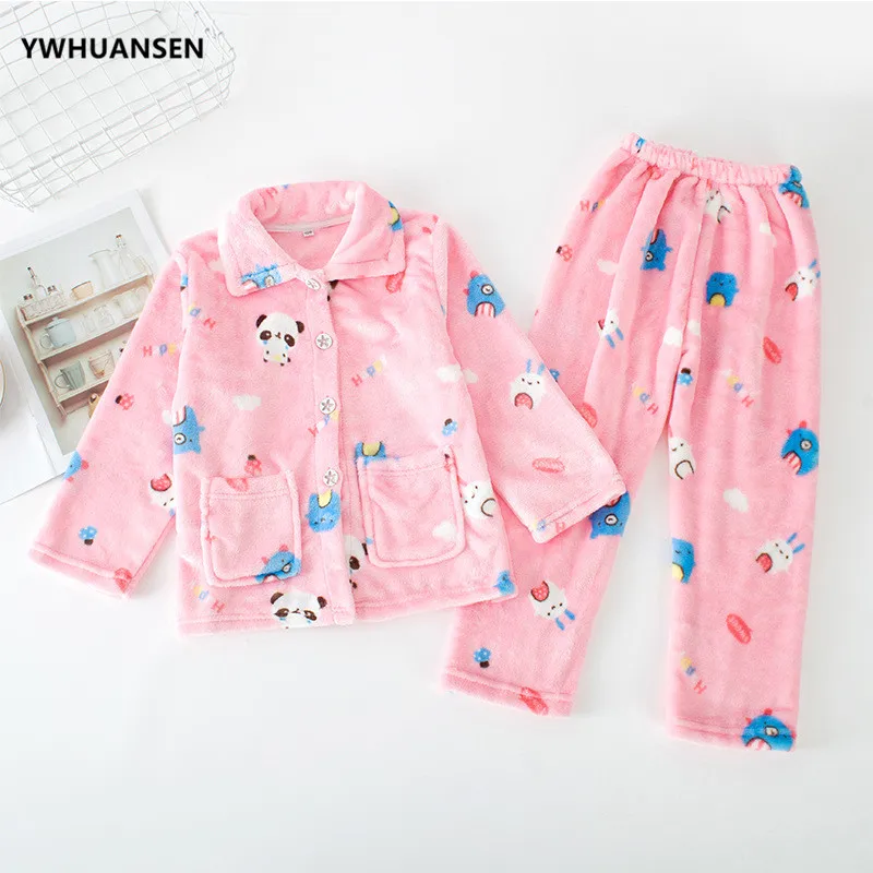 

YWHUANSEN Autumn Winter Children's Pajamas Set And Night-robe Super Thick Flannel Girls Boys Sleep Wear Double Sided Loungewear