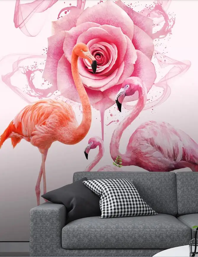 

Hand-painted romantic rose flamingo porch background wall decoration painting
