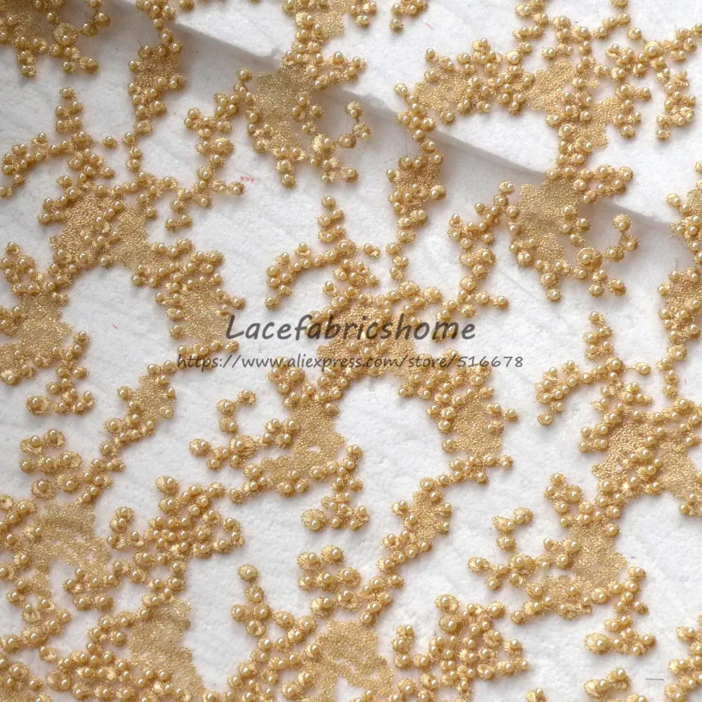 

110cm by yard New fashion gold/wine/orange super heavy yellow beads on netting embroidery wedding/evening dress lace fabric