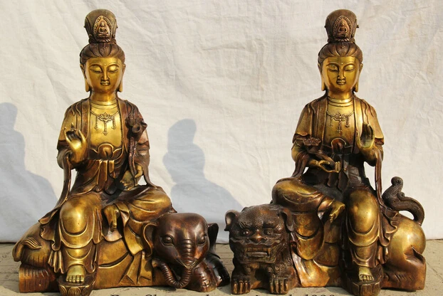 

JP S0524 20" Tibet Buddhism Bronze Gild Ru Yi Seat Lion elephant Wenshu Manjushri Statue