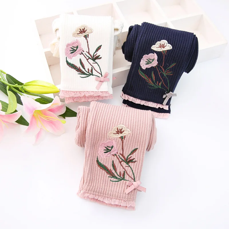 Fashion Girls Leggings Ruffles Lace Cotton Leggings For Girls Solid Embroidery Baby Pants Flower Bow Legging Baby Girl Clothing  (11)