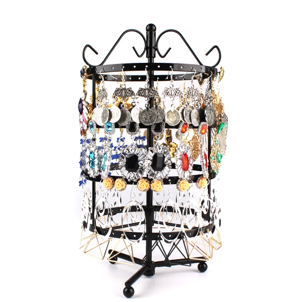 144 Holes Round Rotating Jewellery Display Stand Black Metal Earrings