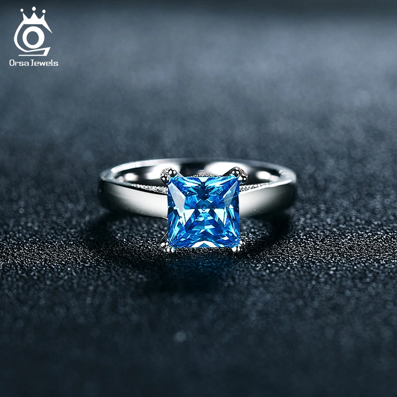 ORSA JEWELS Cute Silver Color Rings with 1.2ct Blue Austrian Cubic Zirconia for Best One 2019 Fashion Women Jewelry Ring OR138