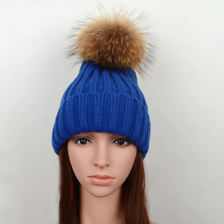 

winter warm knitted raccoon fur ball crochet hat skull cap ribbed geniune natural real raccoon fur pompon beanies hat women