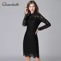 Schwarz Farbe Spitzenkleid 2017 Frühling Herbst Sexy Aushöhlen Langarm Frauen Kleider 5XL Plus Größe Mantel Ein-stück Vestidos