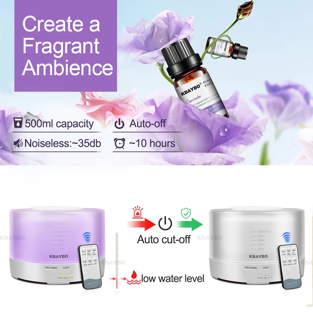 KBAYBO 500ml Remote Control Air Aroma Ultrasonic Humidifier With Color LED Lights Electric Aromatherapy Essential Oil Diffuser